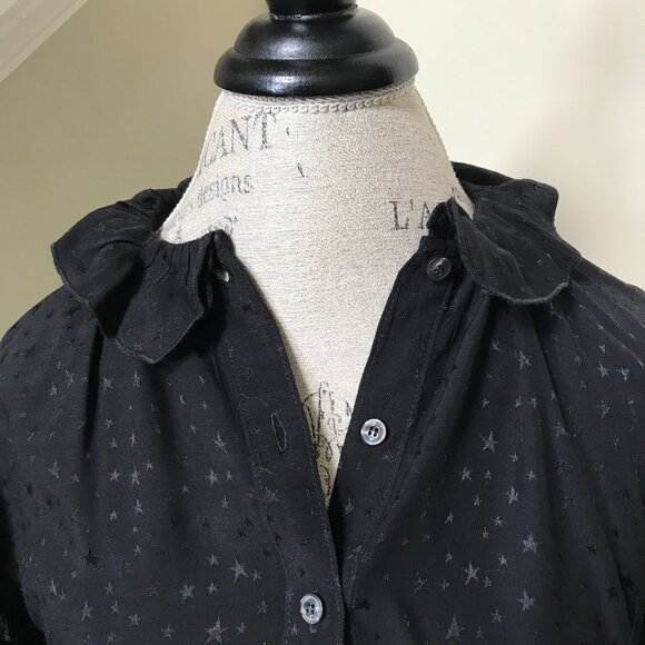 KOCH Popover Ruffle Blouse Top Shirt Womens XS Black Short Sleeve Button Front - Picture 5 of 11